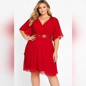 City Chic Red Long Sleeve Dress with Sequin Detail